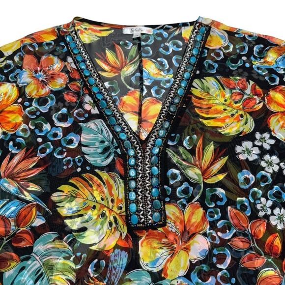 Soleillee Sheer Dark Floral Parrot Print Embellished Tunic Top Plus Sz 2X - Picture 3 of 15